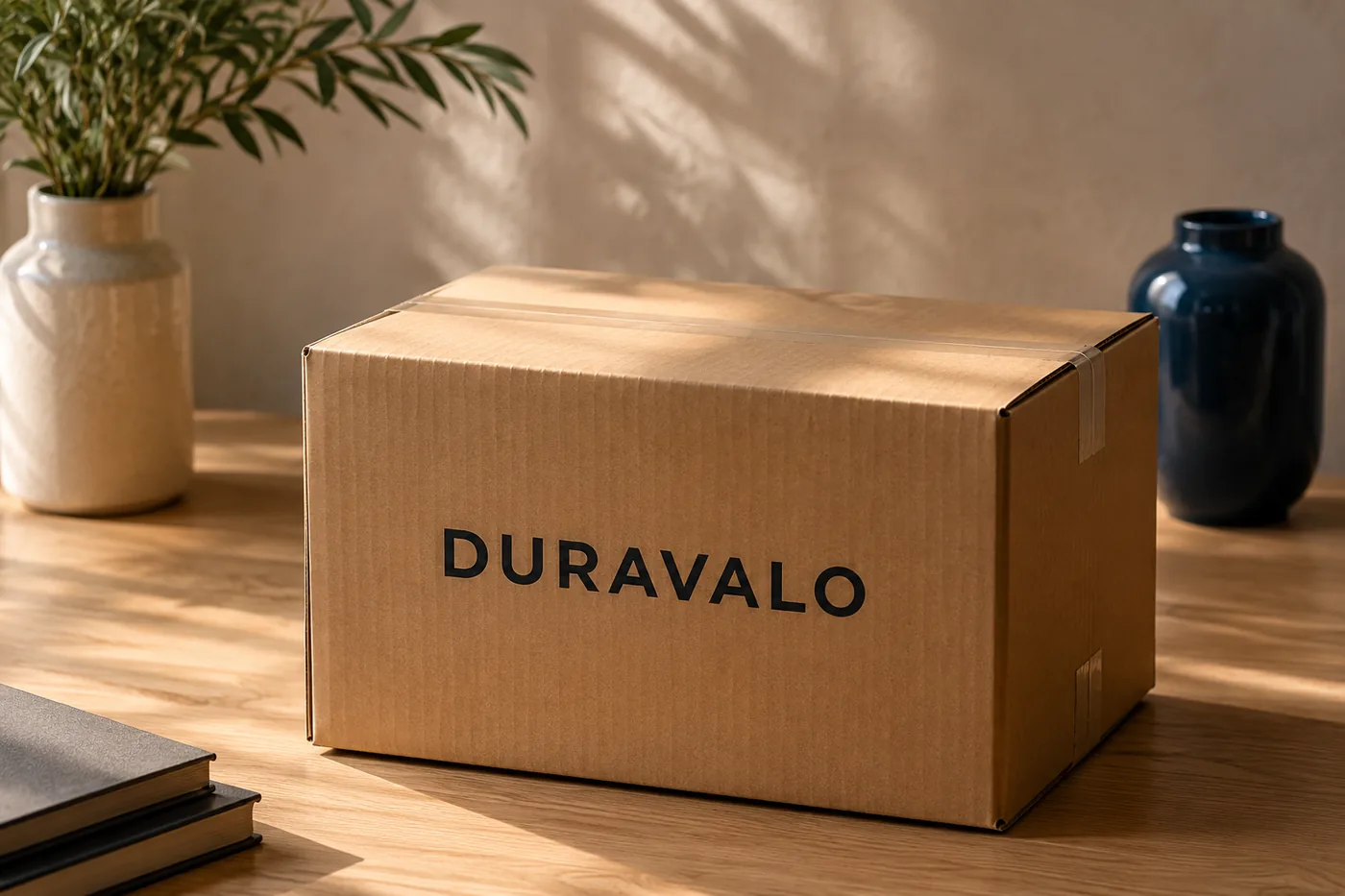 Duravalo branded packaging box on a sunlit table with a plant and vase